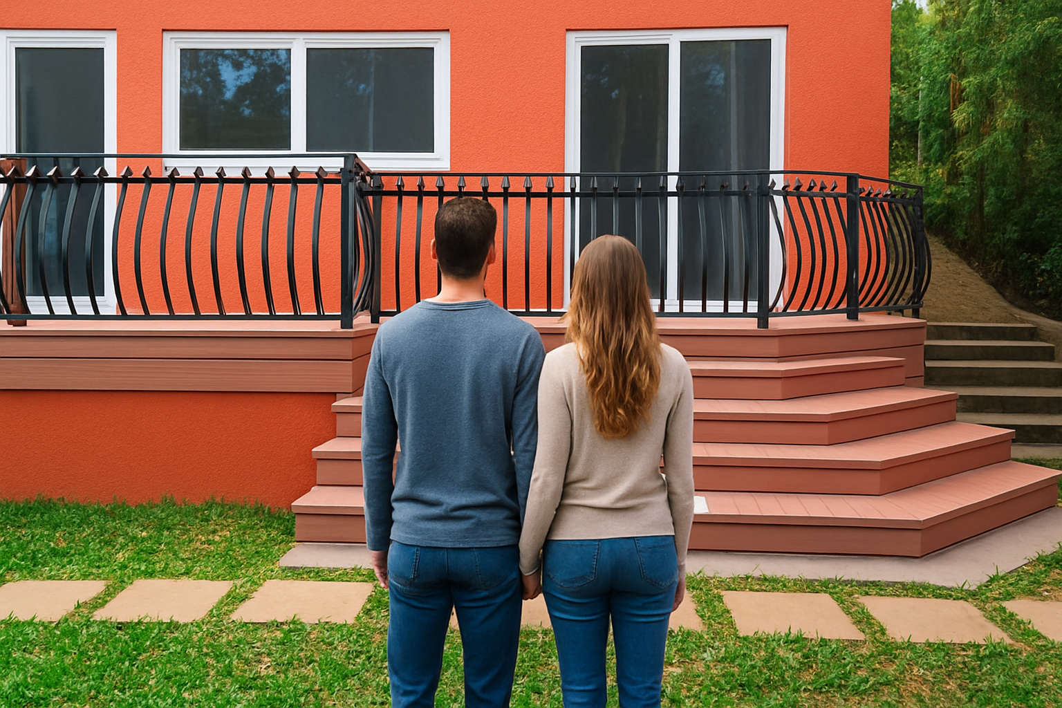 Casal observando deck de madeira